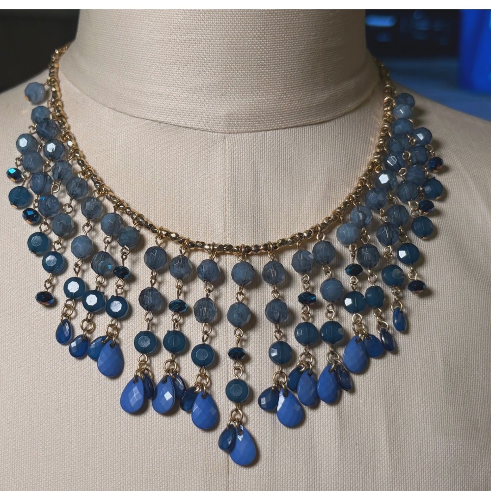 Royal Blue Bib Necklace Women OS Blue Good Tiered Faceted Bead Fringe Statement